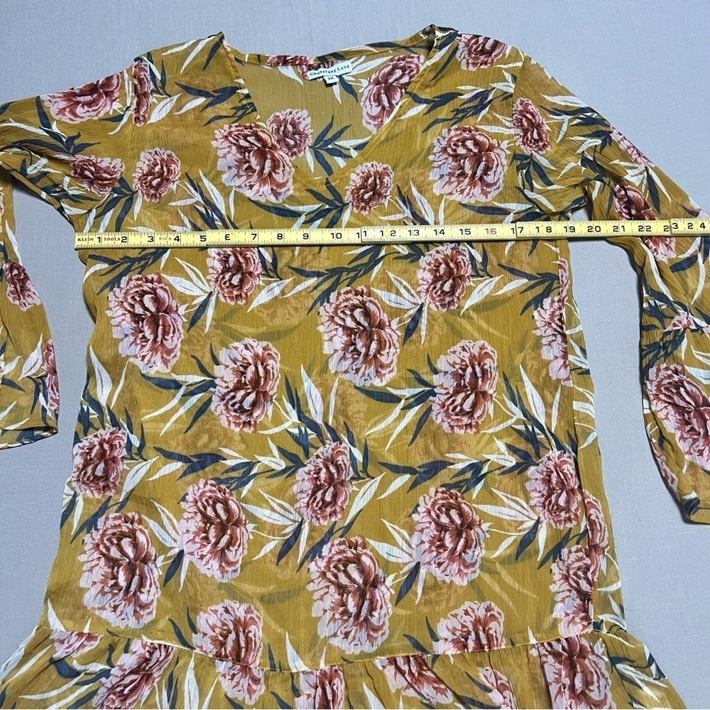 Crosstree Lane Mustard Floral Print Sheer Tunic Blouse Women’s Medium - Picture 3 of 13
